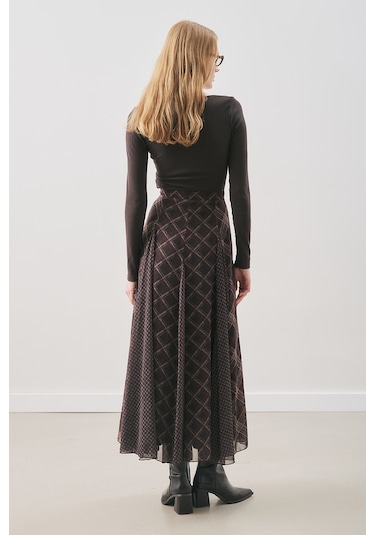 Ekose Desenli Şifon Etek Kahve Aw25etk00011-21 Kahve