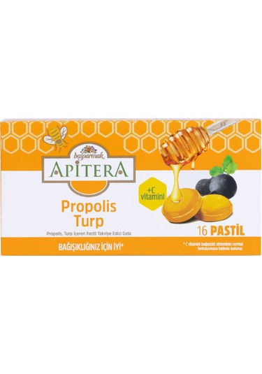 Apitera Doğal Bal, Turp, Kurkumin, C Vitamini Ve Propolis İçeren Takviye Edici 16 Lı Boğaz Pastili