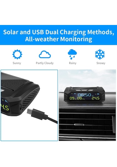 Neevoyu Güneş Enerjili Araç İçi Dijital Saat - Lcd Ekranlı Sıcaklık, Saat, Tarih Ve Hafta Gösterici - Uzun Pil Ömrü - Siyah Abs Malzeme
