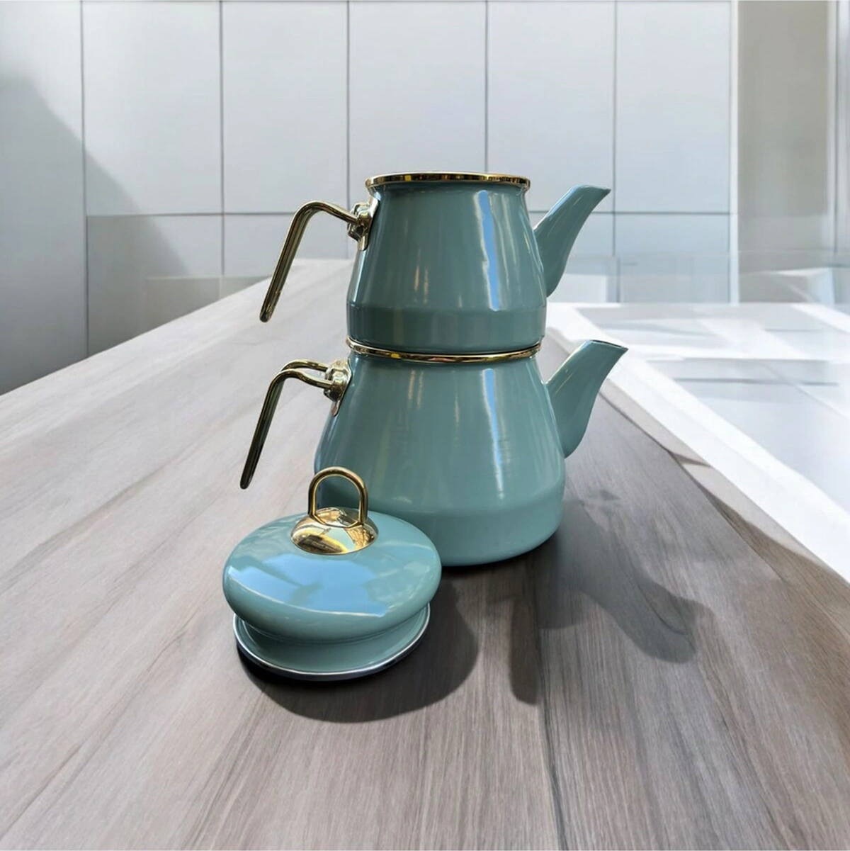 Taşev Robin Emaye Çaydanlık Takımı Yeşil Yeşil