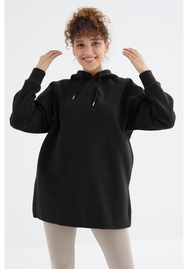 Tommy Life Siyah Reglan Kol Basic Kapüşonlu Oversize Sweatshirt Tunik - 97242 Siyah