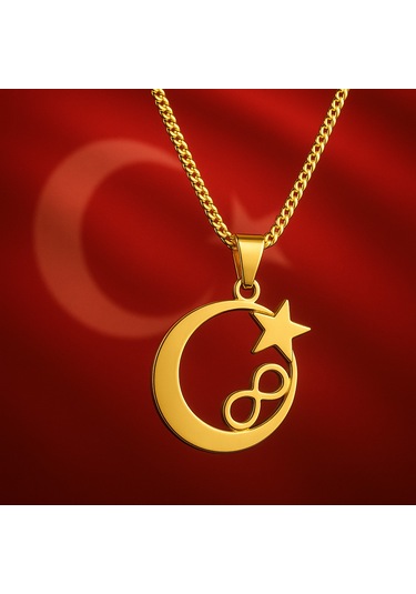 Şık Ve Anlamlı Tasarım, Kararma Yapmaz, Hediye Kutulu Altın Renk Hilal Yıldız Sonsuzluk Kolye altın
