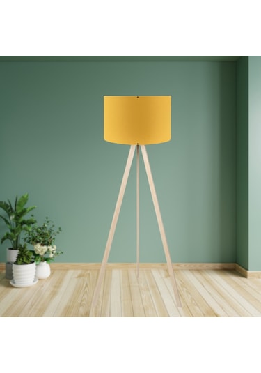 Pratik Ahşap Krem Üç Ayaklı Lambader Sarı Kumaş Silindir Başlık Salon Yatak Odası Köşe Lambası Sarı