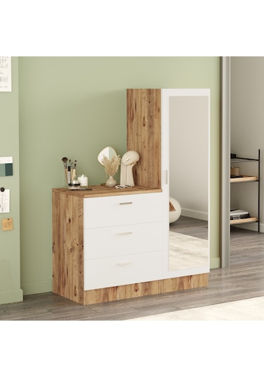 Yurudesign Nancy Aynalı Şifonyer Gardırop Çam-Beyaz