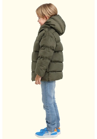 Erkek Çocuk Polarlı Kapüşonlu Su Geçirmez Rüzgara Dayanıklı Şişme Kışlık Mont Haki