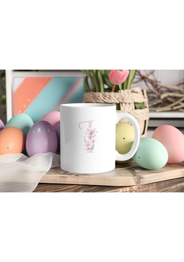 I Harfi Pembe Çiçek Desenli Kupa Bardak - Zarif Pembe Çiçek Tasarım Kahve Çay Kupası - Hediye Beyaz