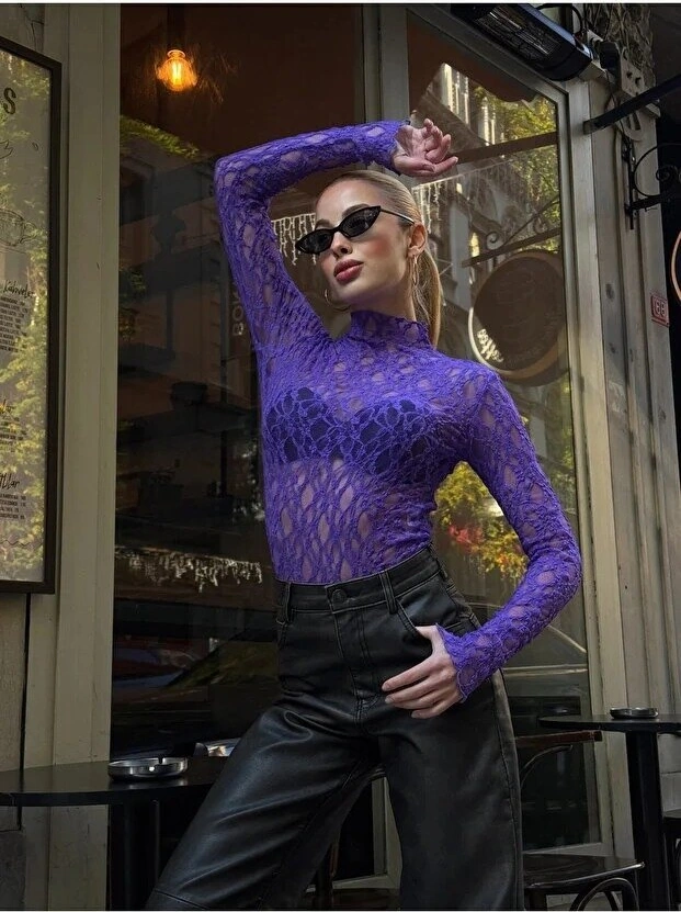 Kadın Yarım Balıkçı Yaka Full Esnek Dantel Bürümcük Spor Şık Tasarım Gece Bluzu Mor