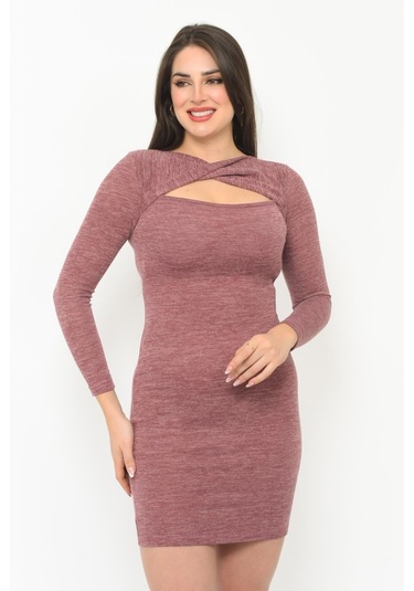 Kadın Pencereli Uzun Kol Detaylı Kısa Kışlık Triko Elbise 4463/95 001