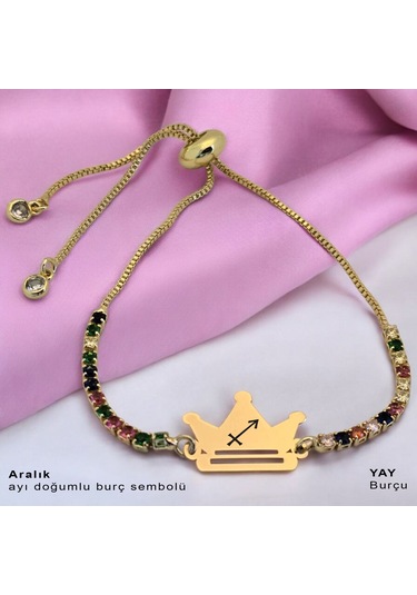 Aralık Ayı Doğumlarına Renkli Taş Desenli Taç Motifli 14 Ayar Altın Plakalı Hediye Bileklik-489ay Aralık