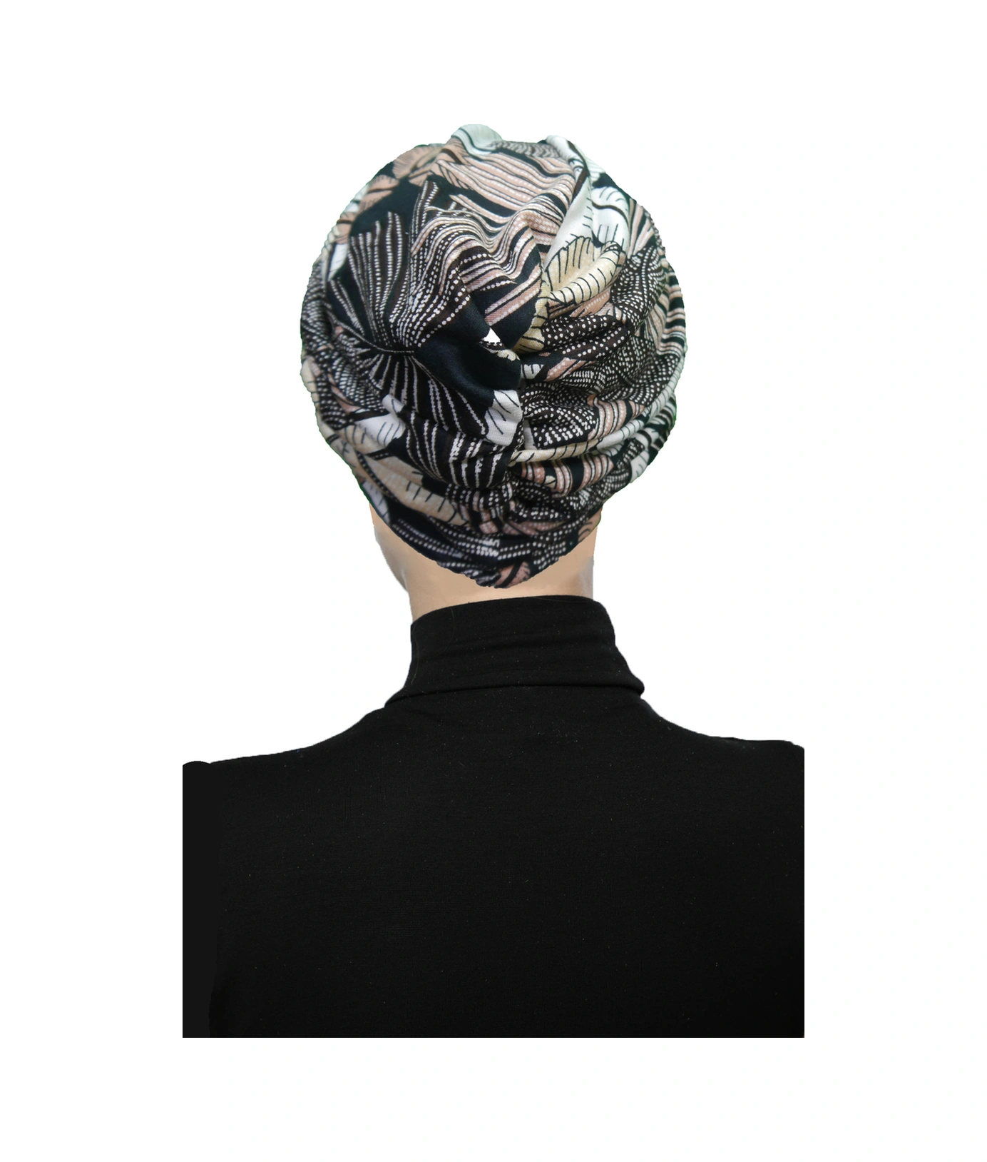 Sonbahar Esintisi Desenli Çapraz Ve Bant Detaylı Astarlı Hazır Türban Tesettür Havuz Bonesi Siyah-bej