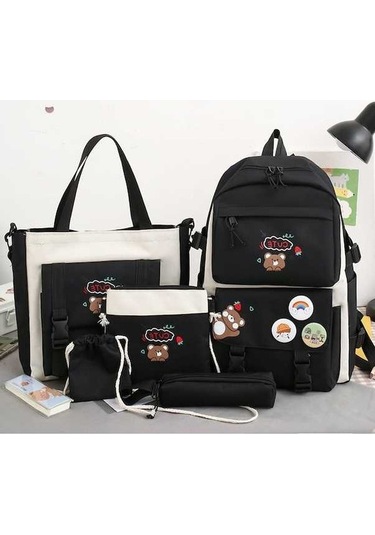 Novahub 5 Adet Sevimli Kız Öğrenci Okul Çantaları, Hafif Siyah Sırt Çantası Takımı Siyah