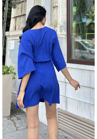 Saks Yaka Detaylı Kloş Elbise Saks