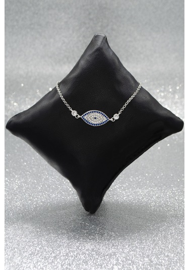 Nazar İşlemeli Göz 925 Ayar Gümüş Kadın Ayarlanabilir Bileklik - Gümüş