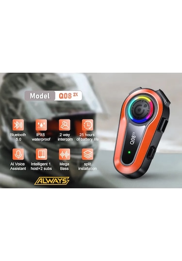 Q08 2x 1000m Telsiz Mesafeli Özellikli 2 Kişi Bağlantılı Bluetooth Kask Kulaklık Ekranlı Fenerli Mü