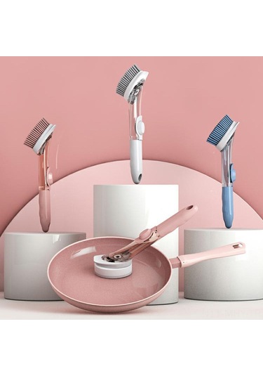 Monyee Otomatik Sabun Dağıtan Mutfak Temizlik Fırçası - Uzun Kolu, 2 Fırça + 2 Sponge Ucu İle Tabak, Tencere Temizliği Kolaylığı - Açık Gri