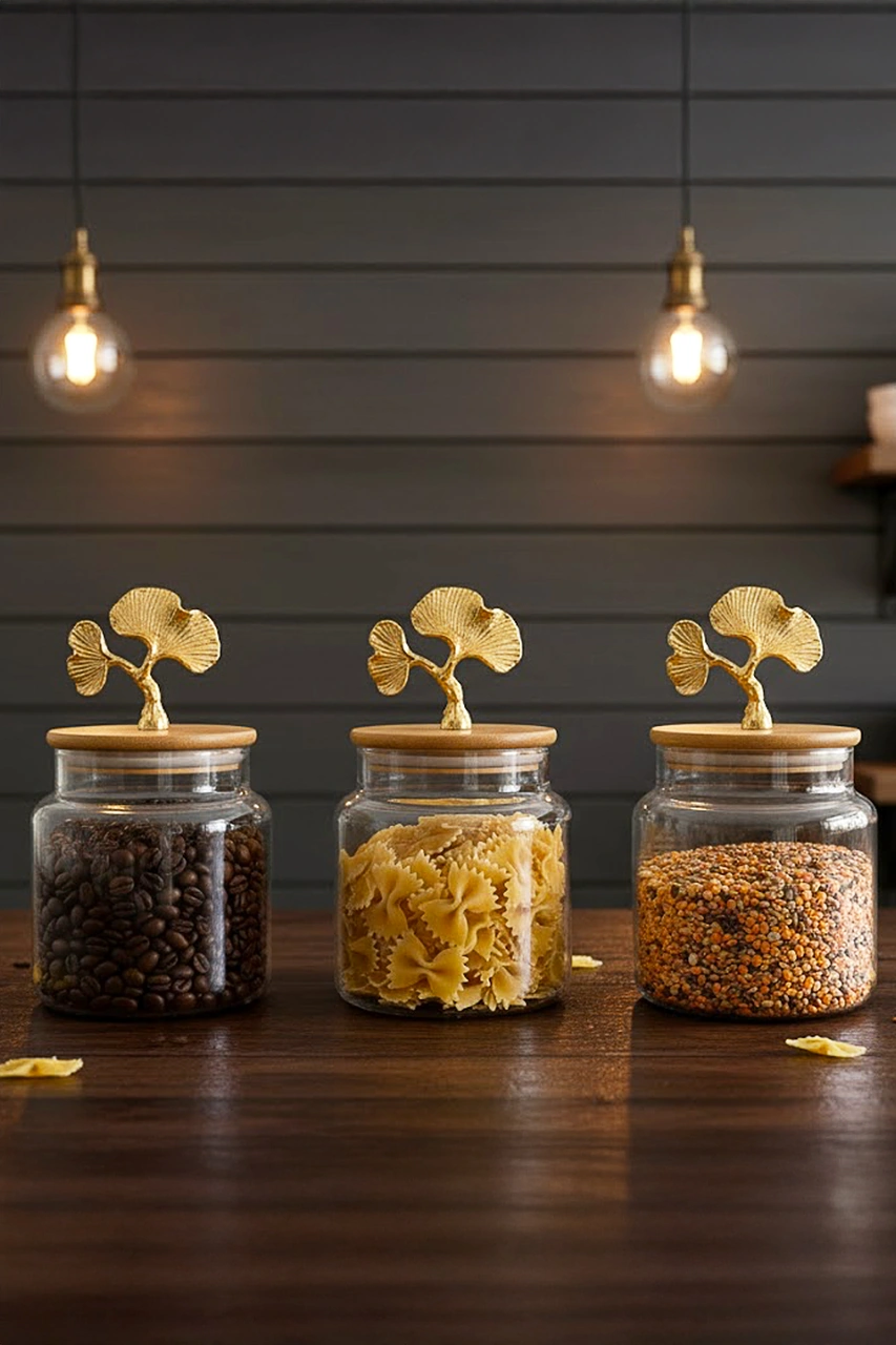 Altın Ginkgo Figürlü 3 Lü Cam Kavanoz Seti Bambu Kapaklı 635 Cc Saklama Kabı Şeffaf