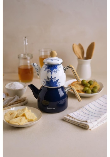 Bambum Unique - Bambu Kulplu Emaye Çaydanlık Takımı Lacivert