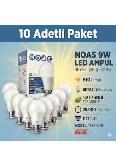 Noas 9w Led Ampul 10lu Paket Beyaz Işık E27 Duy 810lm Yl95-9011