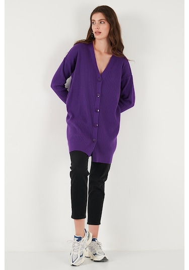 Lela V Yaka Düğmeli Uzun Triko Bayan Hırka 4616040Y Mor