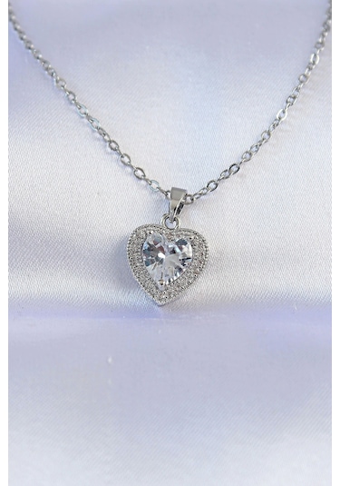 316l Çelik Zincir Gümüş Renk Zirkon Taşlı Charm Kalp Kolye Çok Renkli