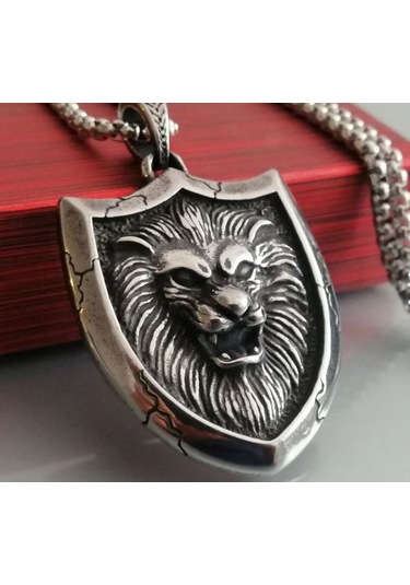 Paslanmaz Çelik Kabaratma Desen Aslan Kolye / 70 Cm Zincirli Gümüş