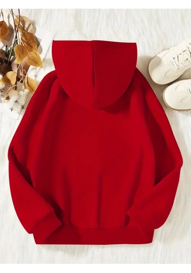 Kışlık Kapüşonlu Sweatshirt, Çocuk Kediciklerbaskılı Kırmızı