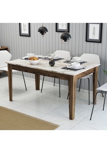 Milan Yemek Masası - Ceviz / Beyaz Mermer