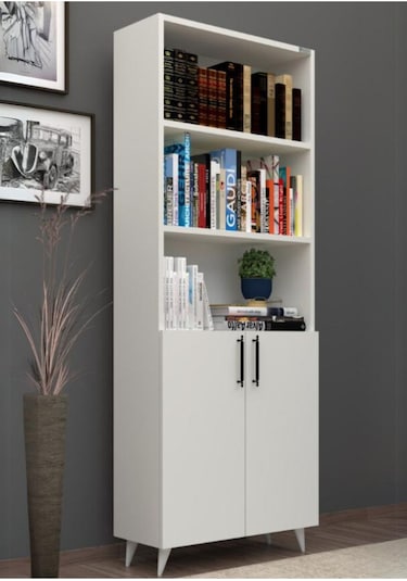 %100 Mdf Kapaklı Tekli Modül Ayaklı Beyaz Geniş Kitaplık Beyaz