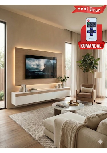 Purelıne Ledli Duvar Tv Ünitesi 180 Cm Beyaz-meşe 140 Cm