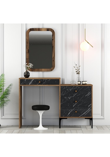 Lizbon Makyaj Masası Aynalı - Ceviz / Siyah Mermer