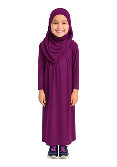 Penye Kendinden Başörtülü Çocuk Namaz Elbisesi Mor/ 6-7-8 Yaş Mor