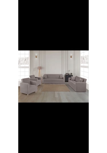 Gri 3+3+1+1 Streç Lastikli Esnek Pamuklu Jakarlı Koltuk Örtüsü