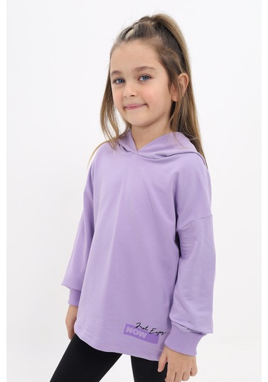 Toontoy Kız Çocuk Relax Fit Kapüşonlu Düşük Omuz Baskılı Sweatshirt - 2 İplik Lila
