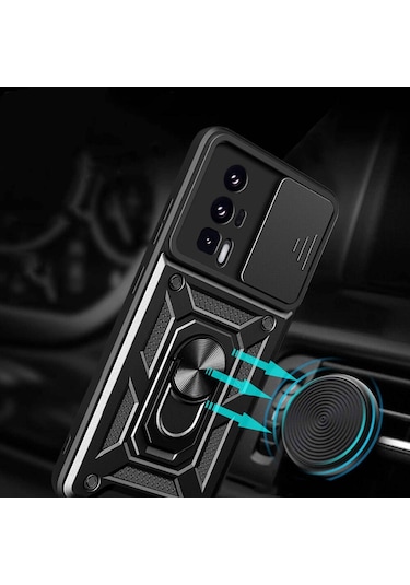 Xiaomi Poco F5 Pro Kılıf Manyetik Standlı Kamera Korumalı Yüzüklü Zırh Tank Kılıf Koruyucu Kapak