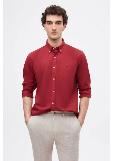 Ds Damat Slim Fit Bordo Oxford Düğmeli Yaka Kolay Ütülenebilir Nakış Detaylı Pamuklu Gömlek 4HC02ORT03265 Bordo