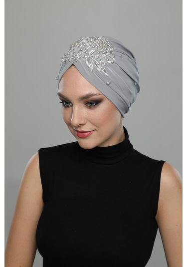 Kopma Astarlı İşlemeli Açık Gri Gül Motifli Hazır Türban Tesettür Abiye Bone Açık Gri