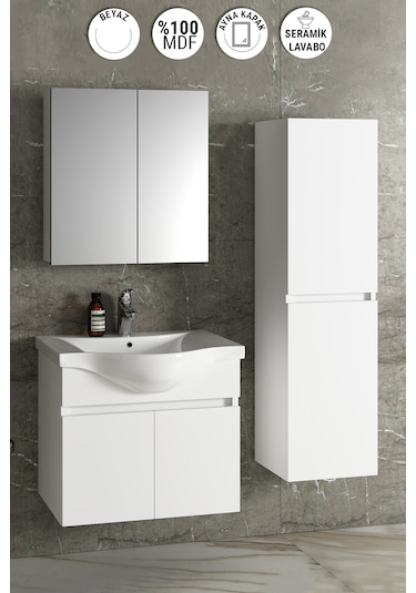 Yıldız 65+35 Cm Beyaz Mdf Lavabolu Asma Banyo Dolabı Takımı Beyaz
