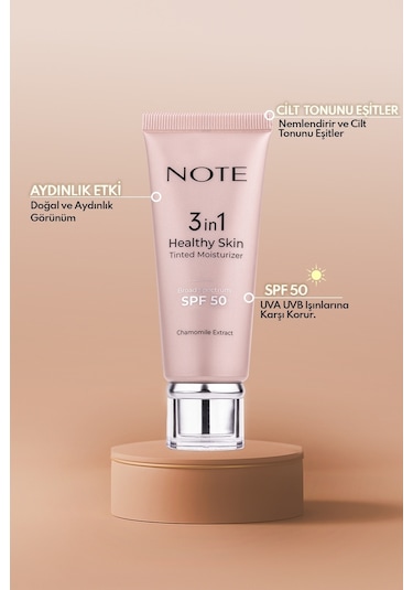 Note Cosmetics Cosmetics 3 in 1 Healthy Skin Tinted Moisturizer SPF50 Renk Ton Eşitleyici Aydınlatıcı Krem 30 ML