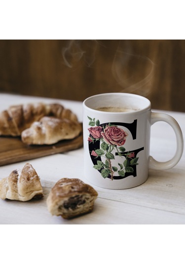 G Baş Harf Kırmızı Güller İle Sarılı Bardak 330 Ml Kişiye Özel Çiçekli Hediye Beyaz