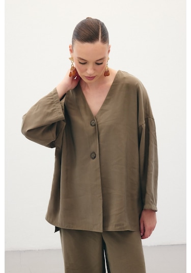 Sateen Düğmeli Kimono - Haki-136357 Haki