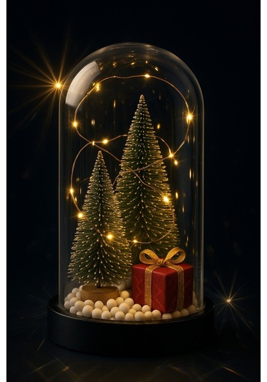 Yeni Yıl Ruhunu Yansıtan Led Işıklı 2 Li Yılbaşı Kar Efektli Çam Ağacı Hediye Paketi Temalı Fanus