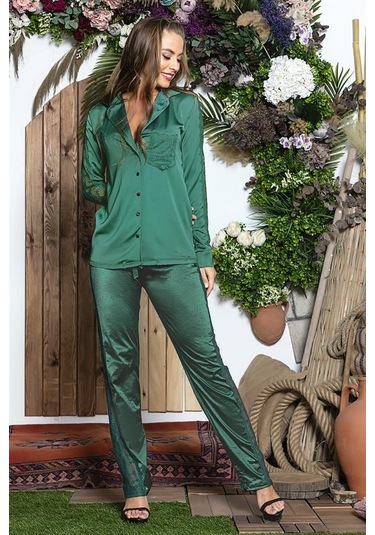 3 Parça Gecelik Seti Gömlek, Bralet Sütyen Ve Pantolon Takım Zümrüt Mgp31726 Zümrüt