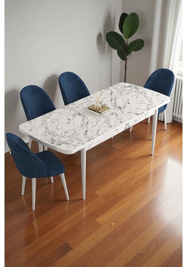 Mura Beyaz Mermer 80x132 Açılabilir Mdf Masa Yemek Odası Takımı, Mutfak Takımı 4 Adet Sandalye Lacivert