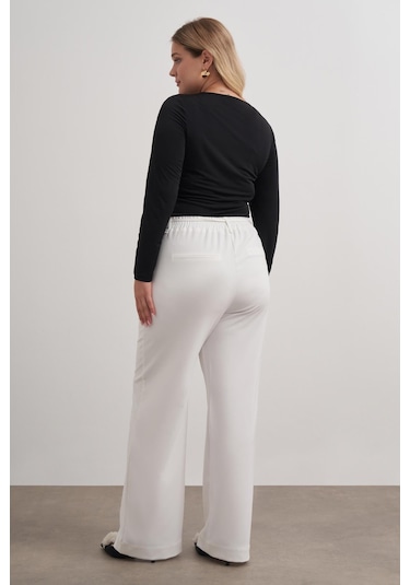Beli Lastikli Geniş Paça Pantolon-6186 Beyaz