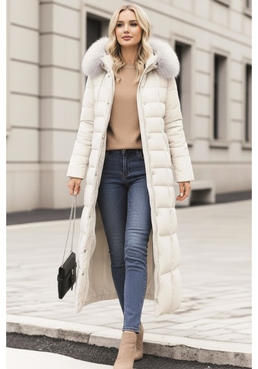 Günlük Kışlık Tam Boy Şişme Kadın Mont Beyaz