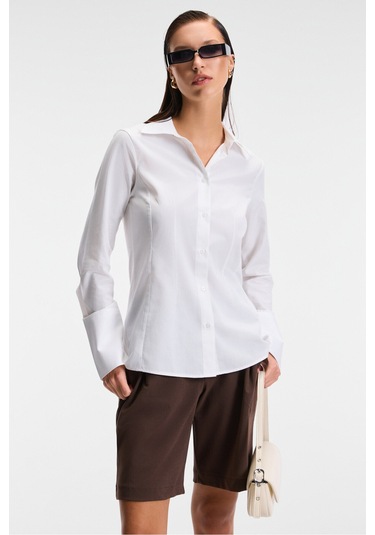 PAPILUS Kadın Regular %100 Organik Pamuk İnce Uzun Gömlek Yaka Uzun Kollu Beyaz Gömlek