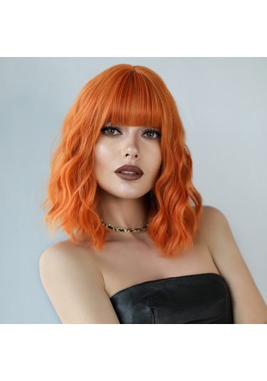 Turuncu Kısa Kıvırcık Kadın Peruk