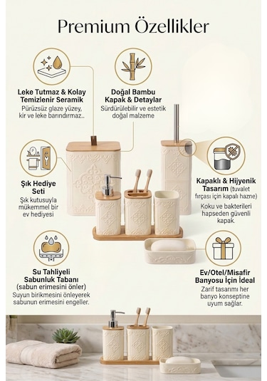 Makri Home Desenli 7 Parça Bambu Kapaklı Ve Aksesuarlı Banyo Seti Gri