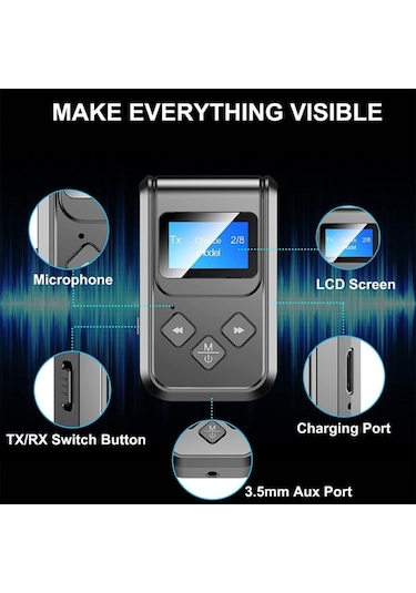 Bluetooth 5.0 2in1 Alıcı Verici Düşük Gecikmeli Lcd Ekranlı Bt Kit