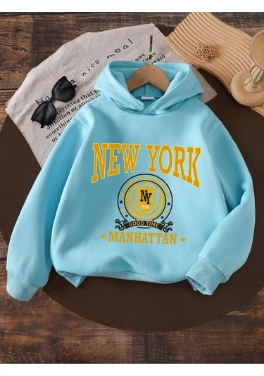Kışlık Kapüşonlu Sweatshirt, Çocuk New York Manhattan Baskılı Bebe Mavisi